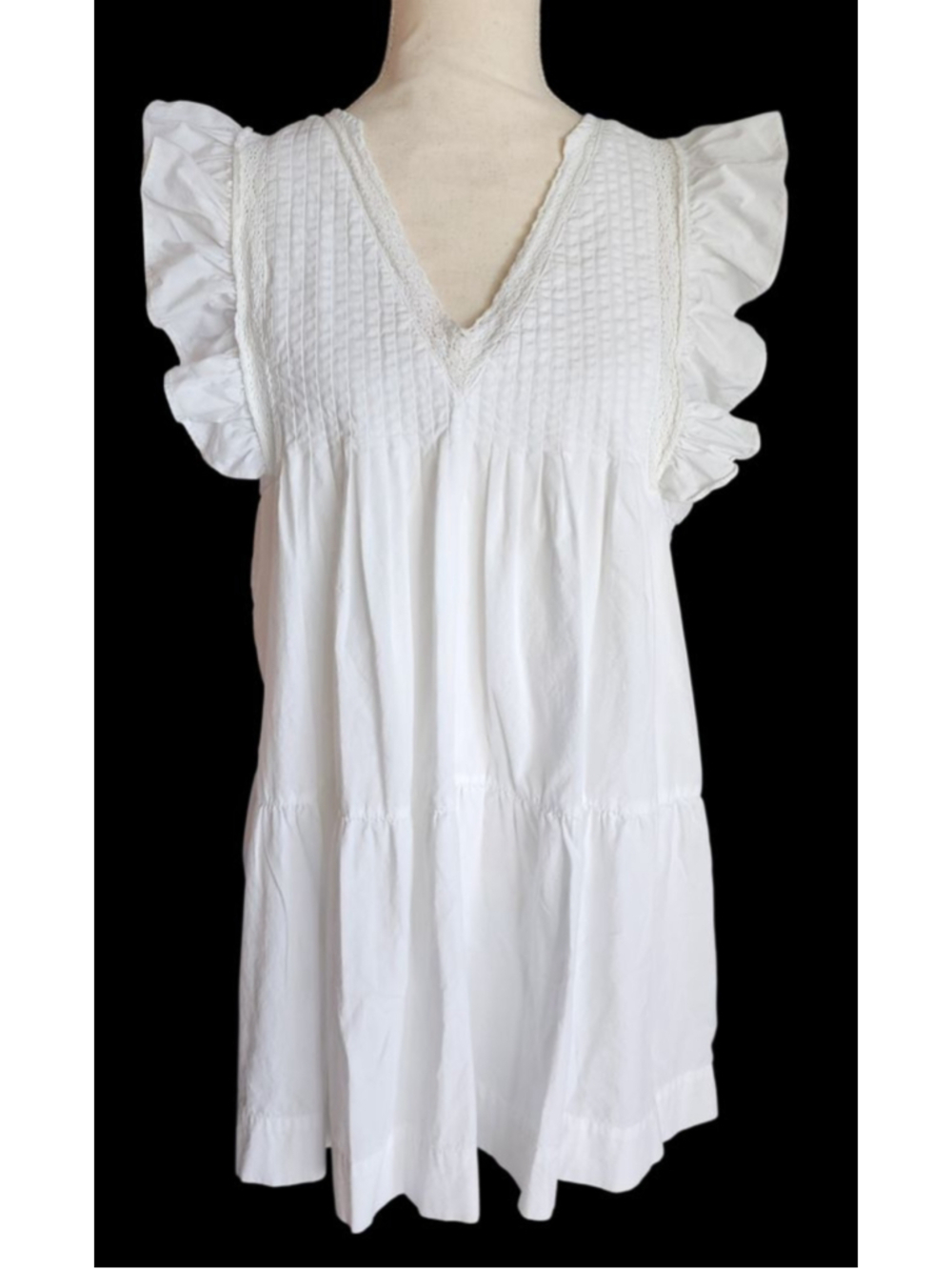 AQUA White Smocked Tiered Ruffle Sleeve V-Neck Cotton Babydoll Top Blouse Size M